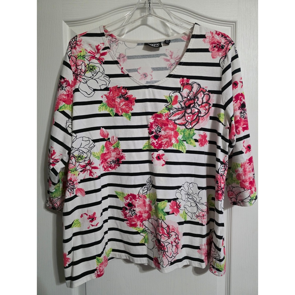 Onque Casuals 3/4 Sleeve T Shirt Womens XL White Pink Floral Striped V-Neck Top